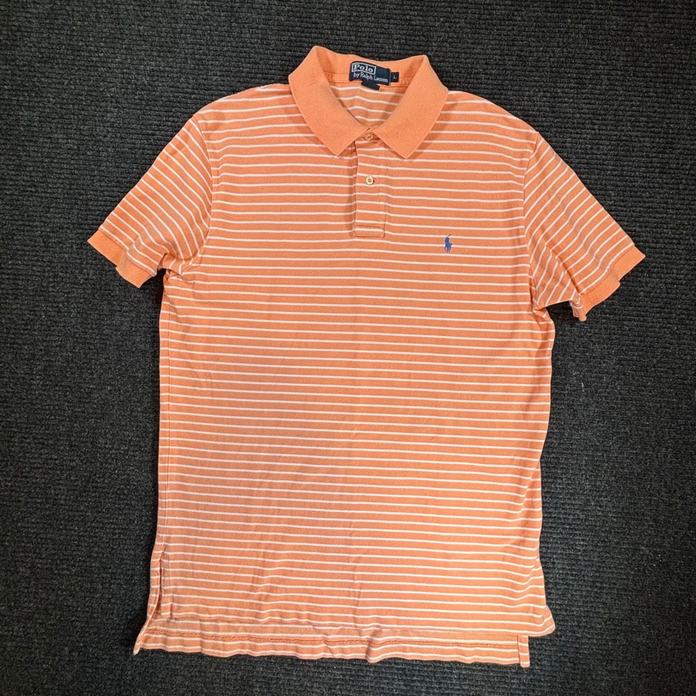 Polo Ralph Lauren Mens Large Orange White Striped Short Sleeve Pique Polo Shirt